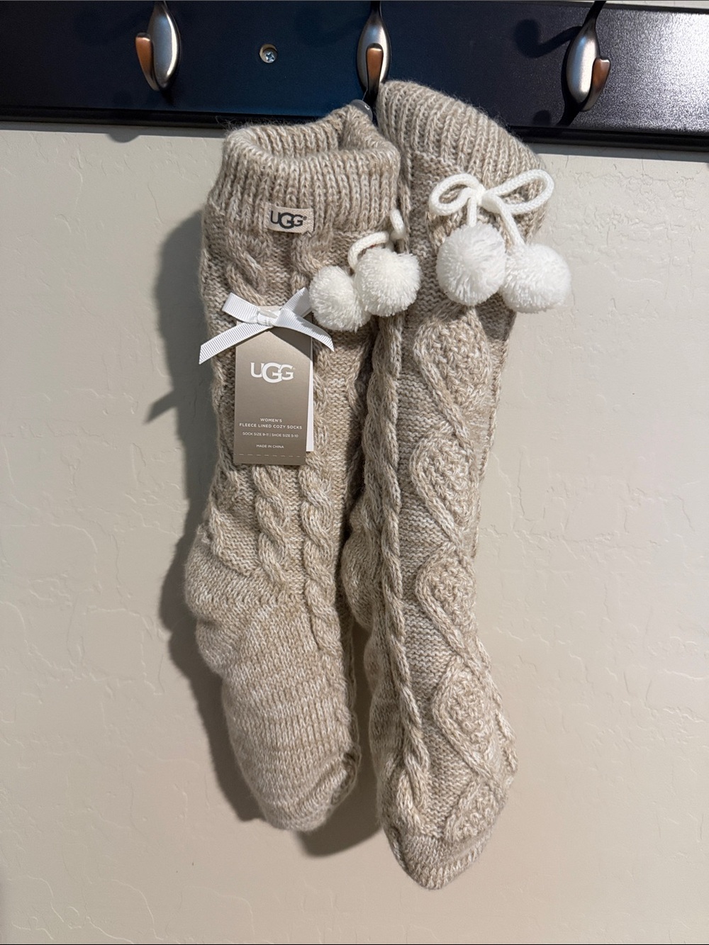 UGG Neutral Cable-Knit Pom Pom Slipper Socks